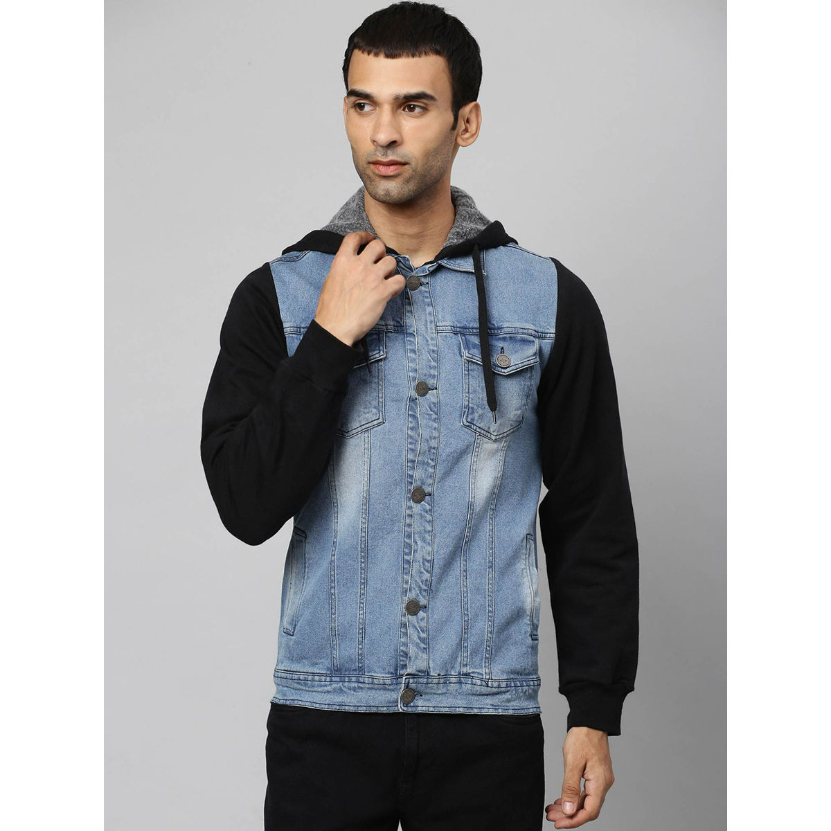 NOROZE Mens Denim Jacket with Fleece Sleeves & Detachable Hood Trucker  Classic Coat Hoodie (S, Denim Blue) at Amazon Men's Clothing store