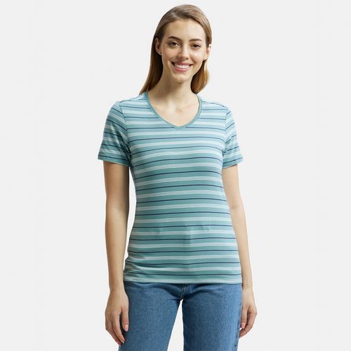 Jockey AW22 Women Cotton Elastane Regular Fit Striped V Neck T-Shirt-Old  cloud Green (M)