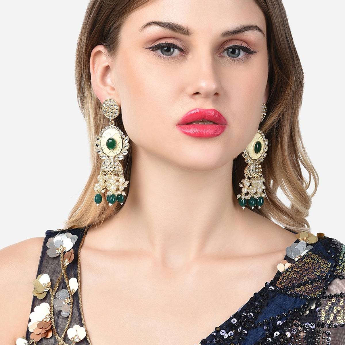Zaveri Pearls Green Stones & Cluster Beads Enamel Kundan Dangle Earring-ZPFK14645