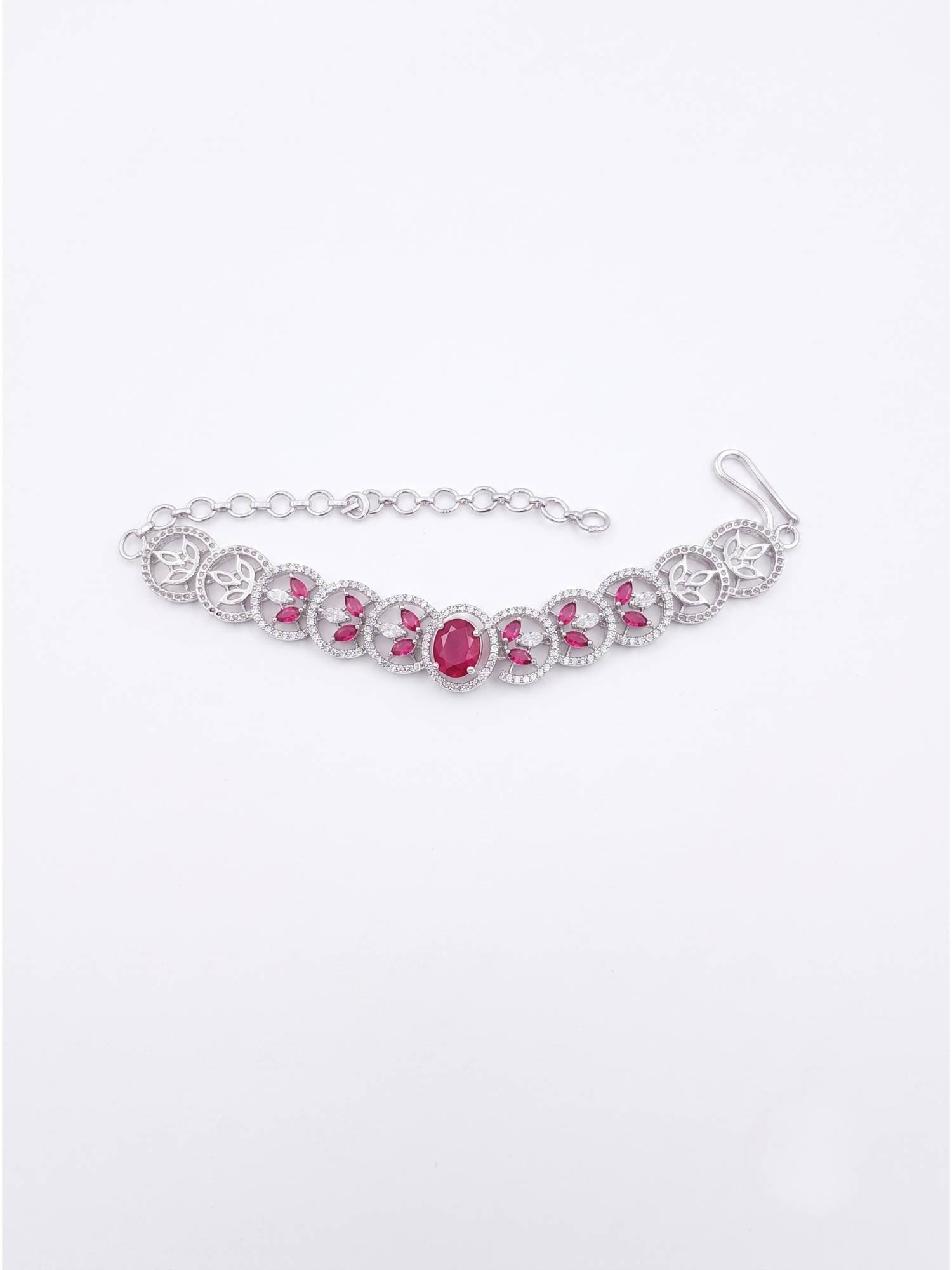 Adwitiya Rhodium-Plated Ruby Red Center Stone Lattice Link Bracelet
