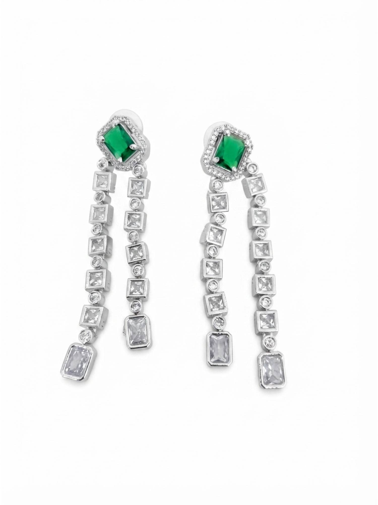 Adwitiya Emerald Green and Crystal Double Strand Linear Drop Earrings