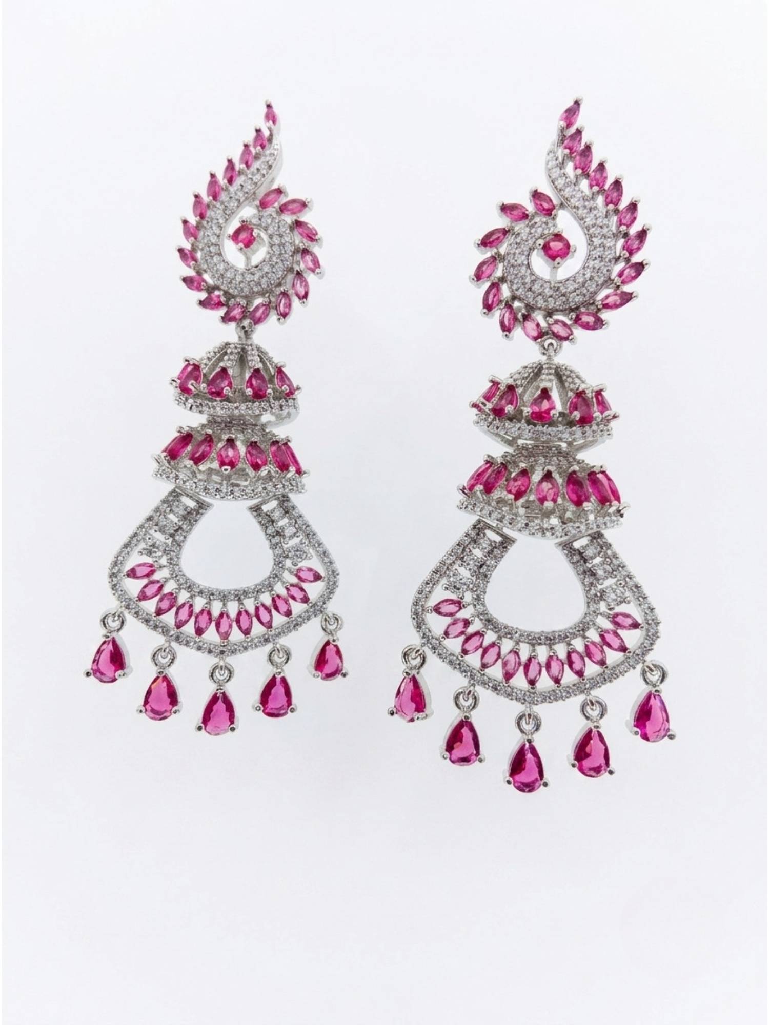 Adwitiya Rhodium Plated Ruby Pink Paisley and Jhumka Layered Drop Earrings