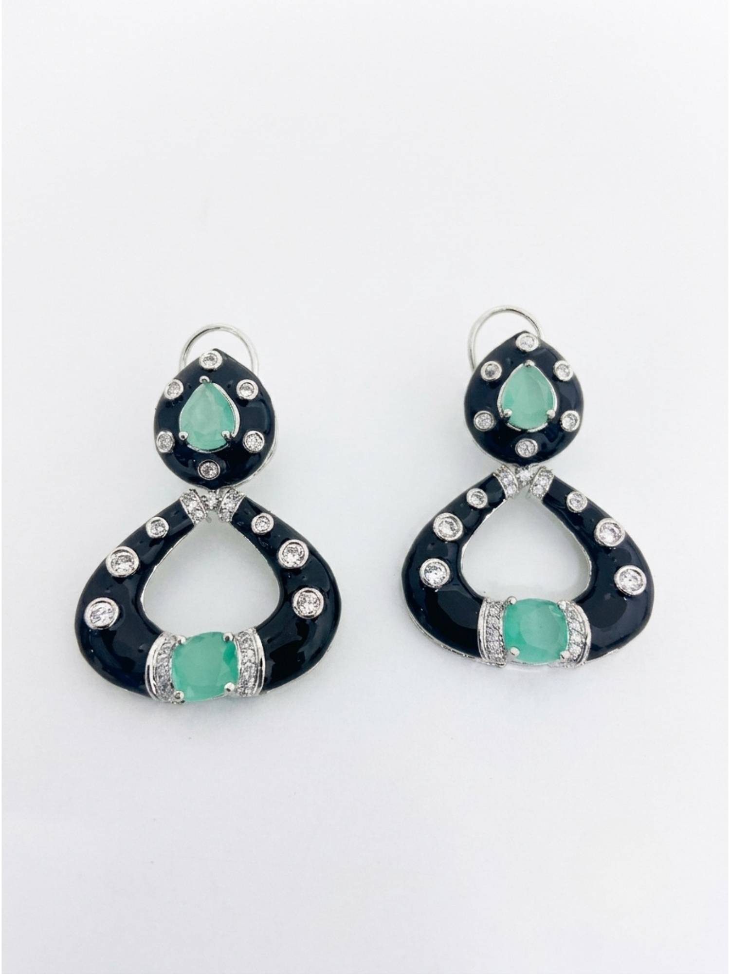Adwitiya Rhodium Plated Black Enamel and Mint Green Stone Teardrop Drop Earrings