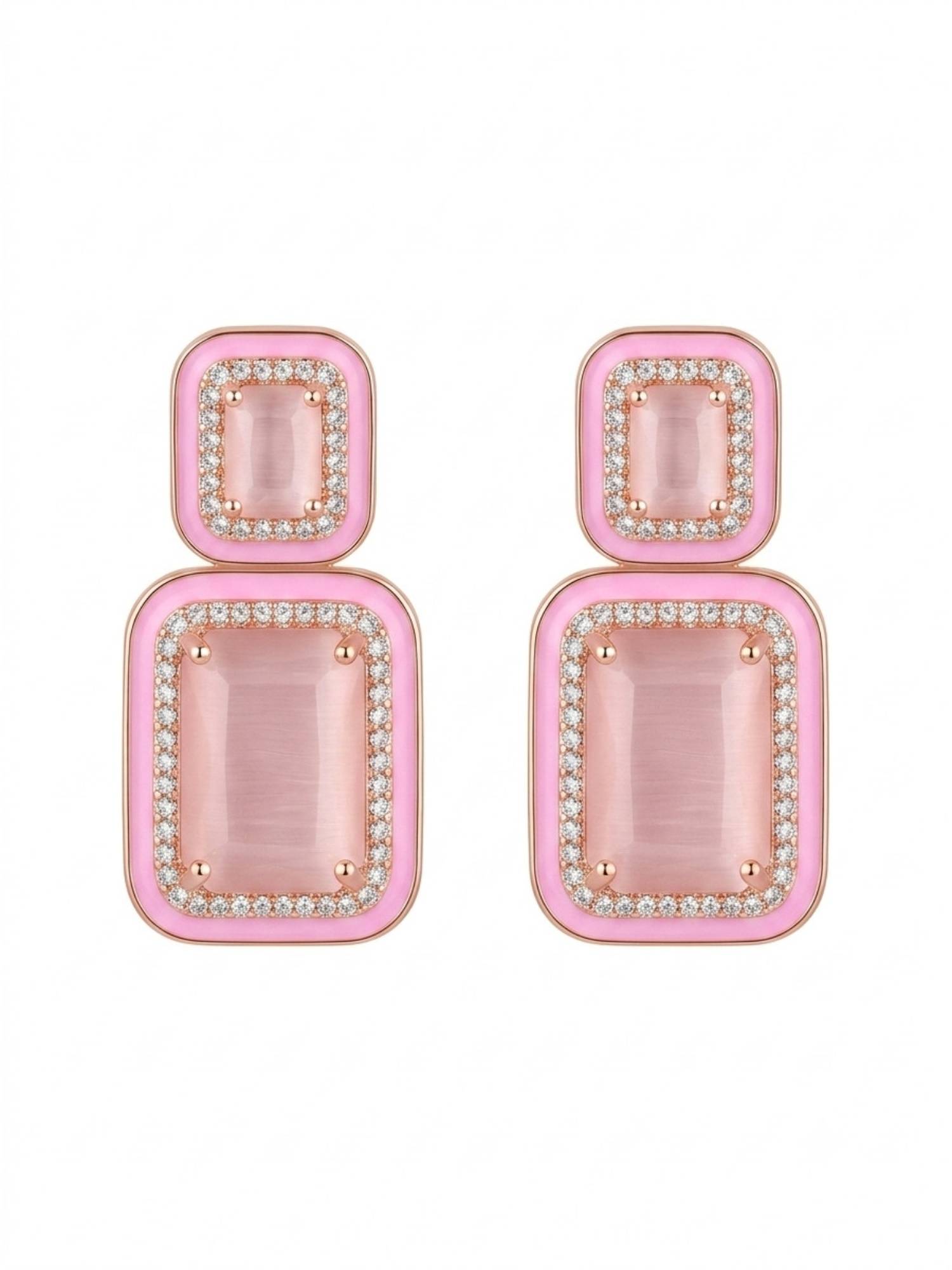 Adwitiya Rose Gold Pink Quartz and Enamel Tiered Geometric Drop Earrings