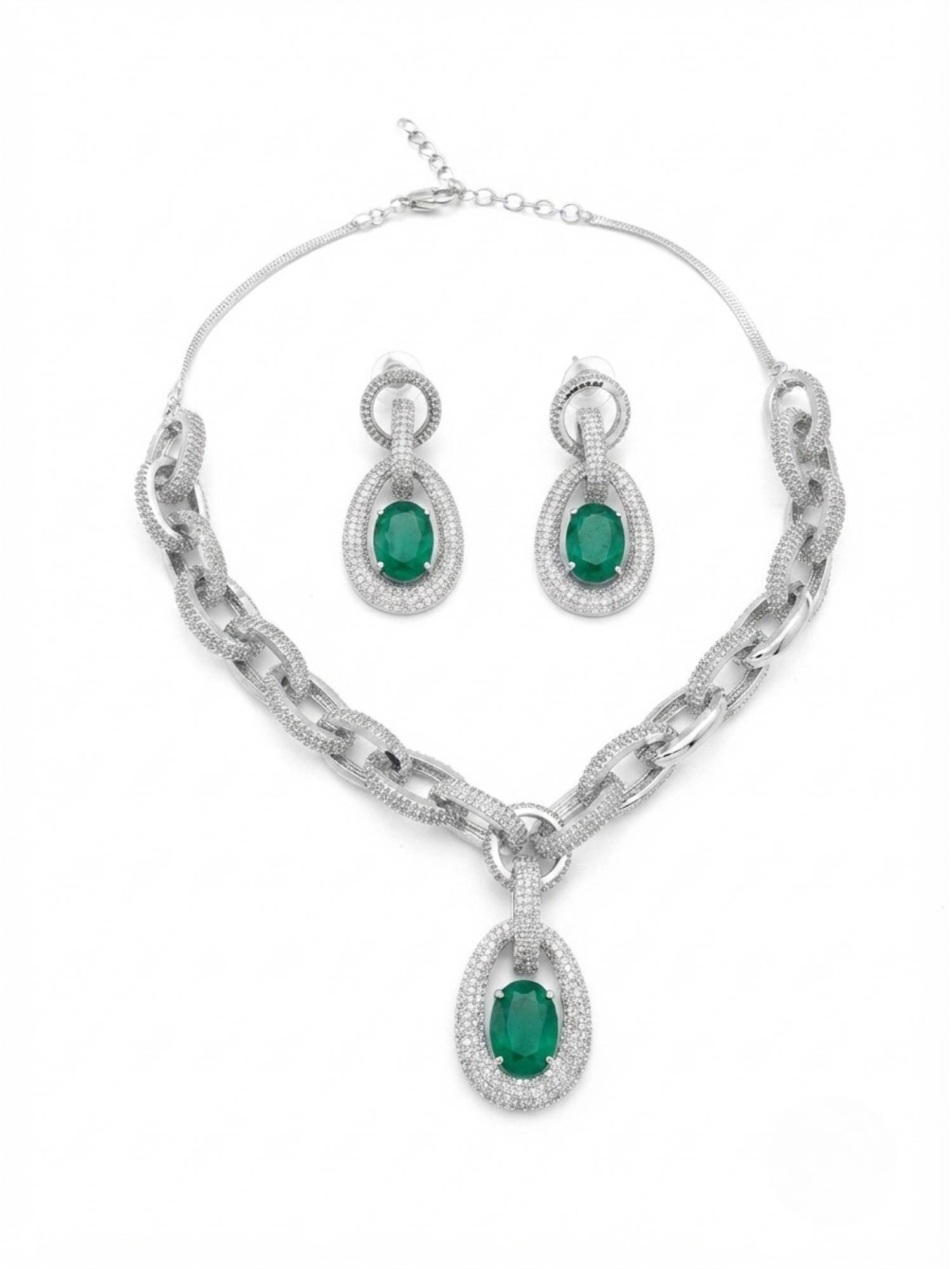 Adwitiya Rhodium-Plated Emerald Green Oval Stone and Cuban Chain Link Necklace Set