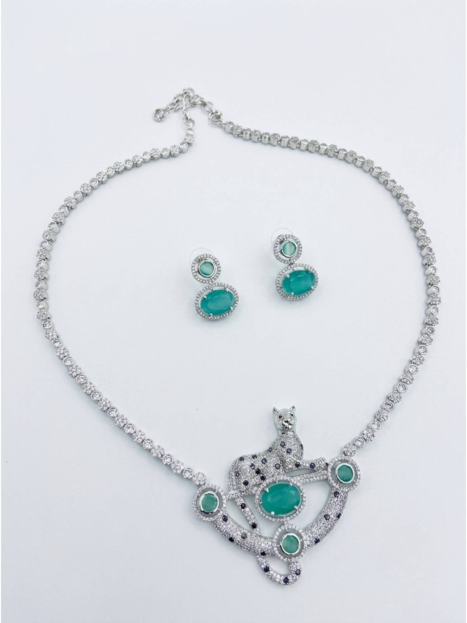 Adwitiya Rhodium-Plated Leopard Motif Mint Green Stone and CZ Tennis Necklace Set