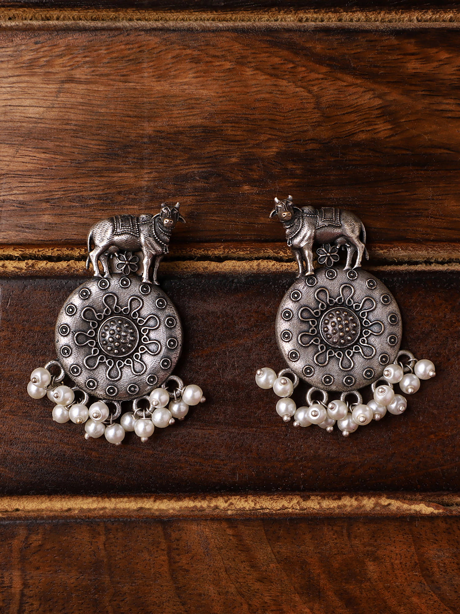 VENI Silver-Plated Beads-Studded Drop Earrings