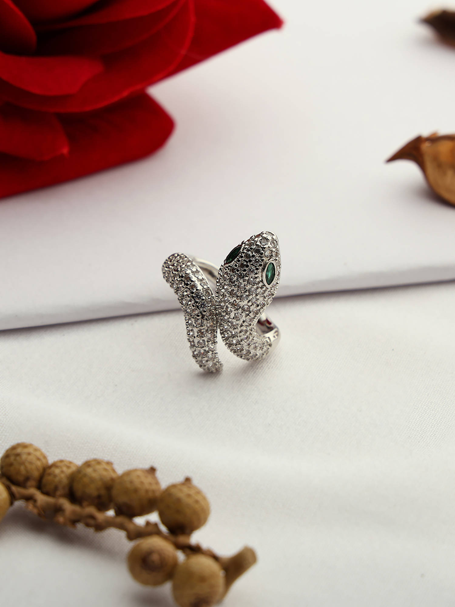 VENI 92.5 Silver-Plated Stone-Studded Adjustable Finger Ring