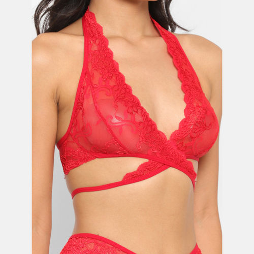 Buy N-Gal Women's Sheer Lace Criss Cross Bra Underwear Lingerie Brief Panty  Set - Red Online