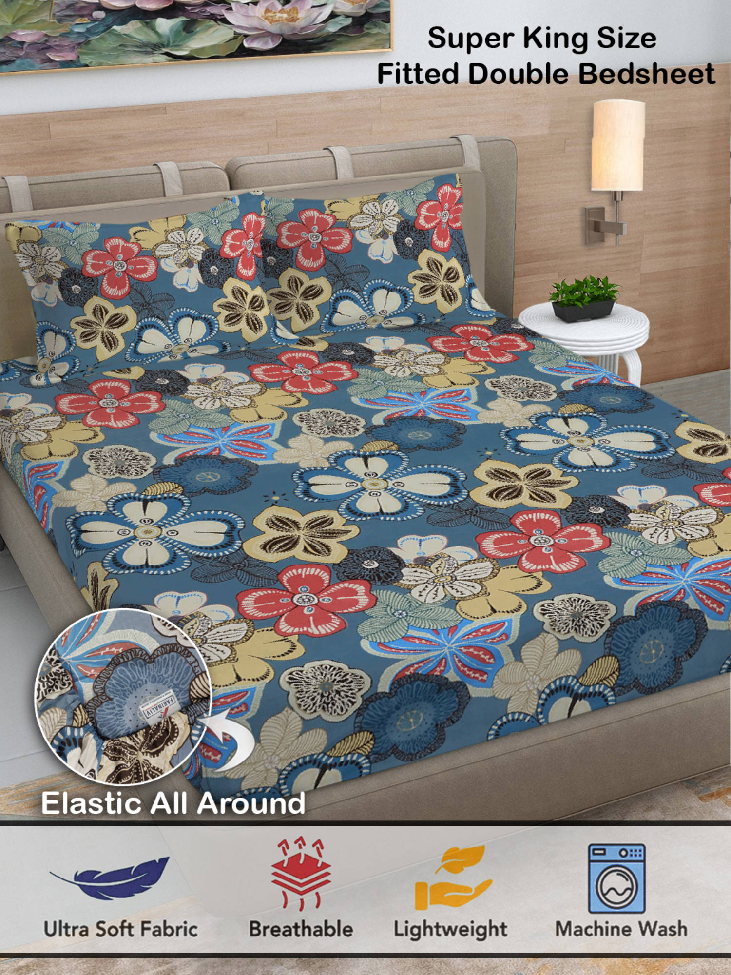 FABINALIV Blue Floral 300 TC Cotton Blend Fitted Bedsheet with 2 Pillow Covers (King)