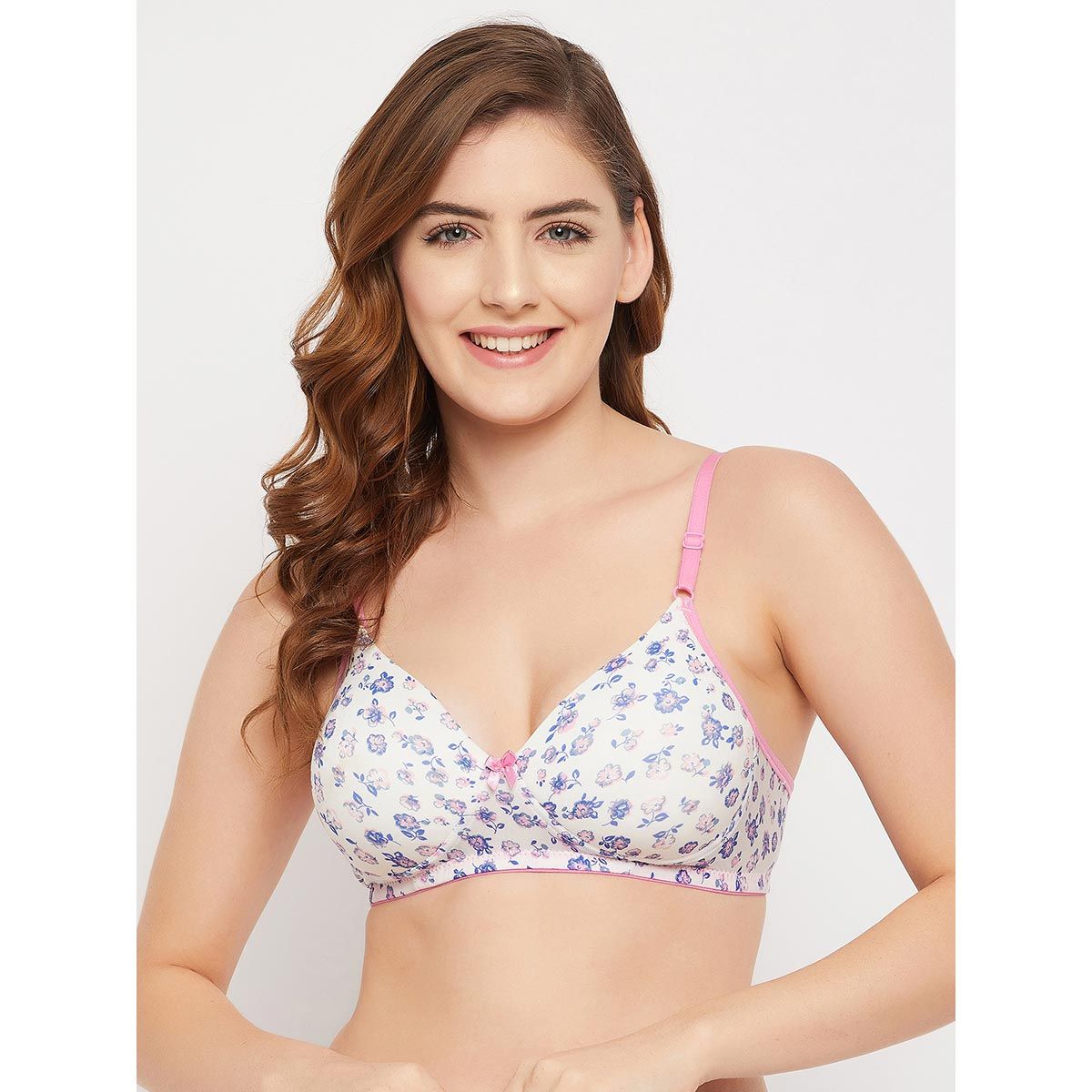 Clovia Padded Non-Wired Full Cup Floral Print T-shirt Bra in White