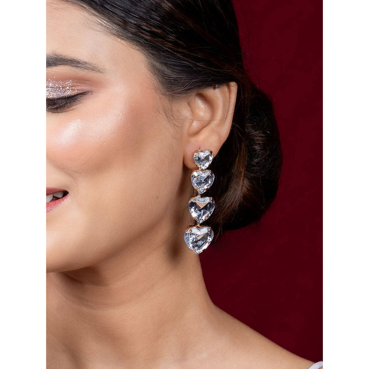 Niscka Heart-Shaped White Rhine Stone Drop Earrings