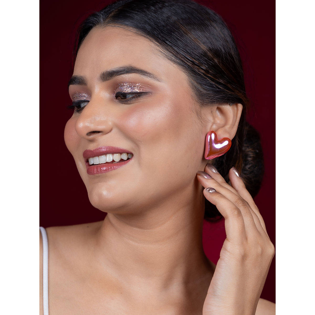 Niscka Fancy Pink Heart Shape Big Stud Earrings
