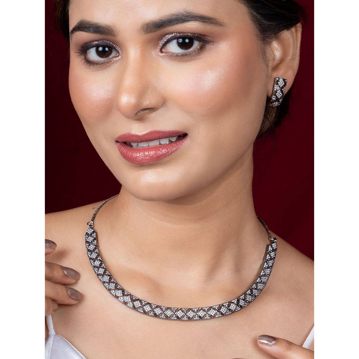 Niscka Rhodium Plated American Diamond Studded Necklace Set
