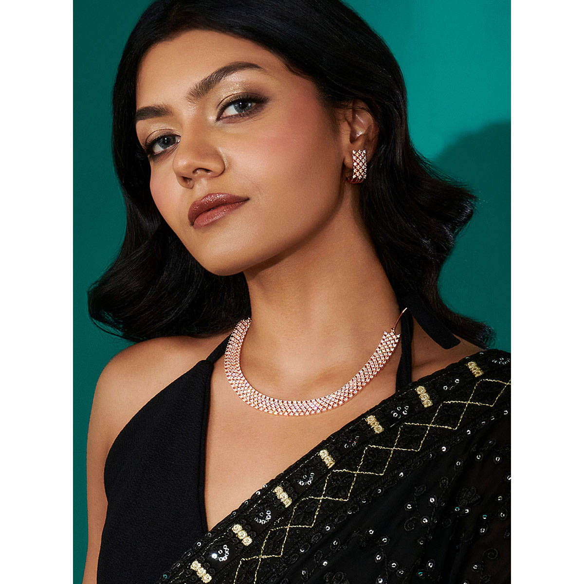 Teejh Shimmering Shakti Cz Stones Rose Gold Plated Necklace Set