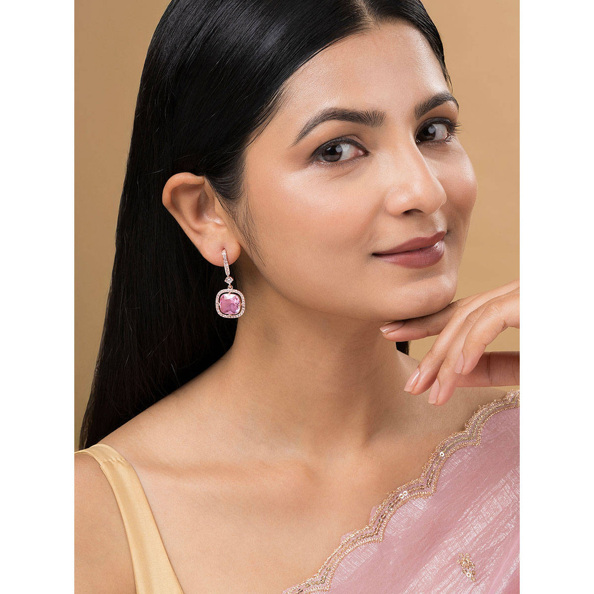Teejh Twinkle Rose Gold Plated Pink Stone Earrings