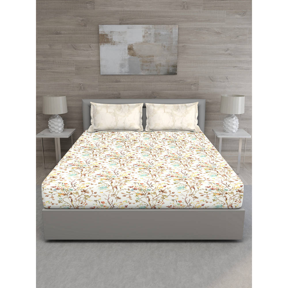 GM White Coffee Brown Floral 144 TC King Bedsheet with 2 Pillow Covers