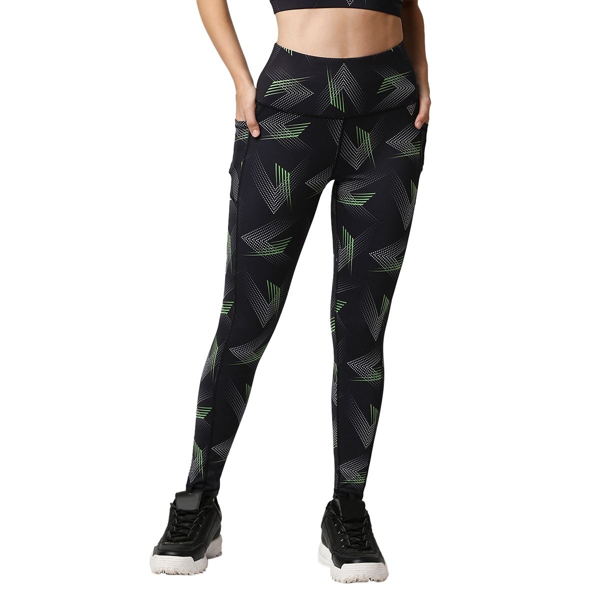 SOIE High Waist Ankle Length Quick Dry Printed Sports Leggings With Side Pockets Multi Color XXL