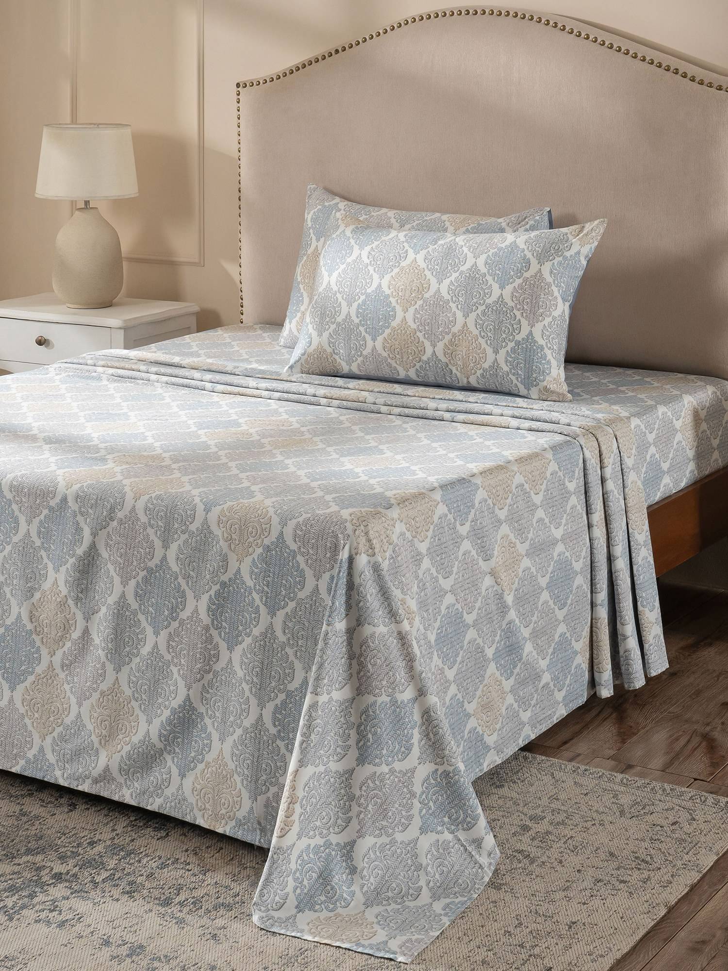 Maspar Blue Cotton Ethnic Printed Bedsheet with 2 Pillow Covers (King)