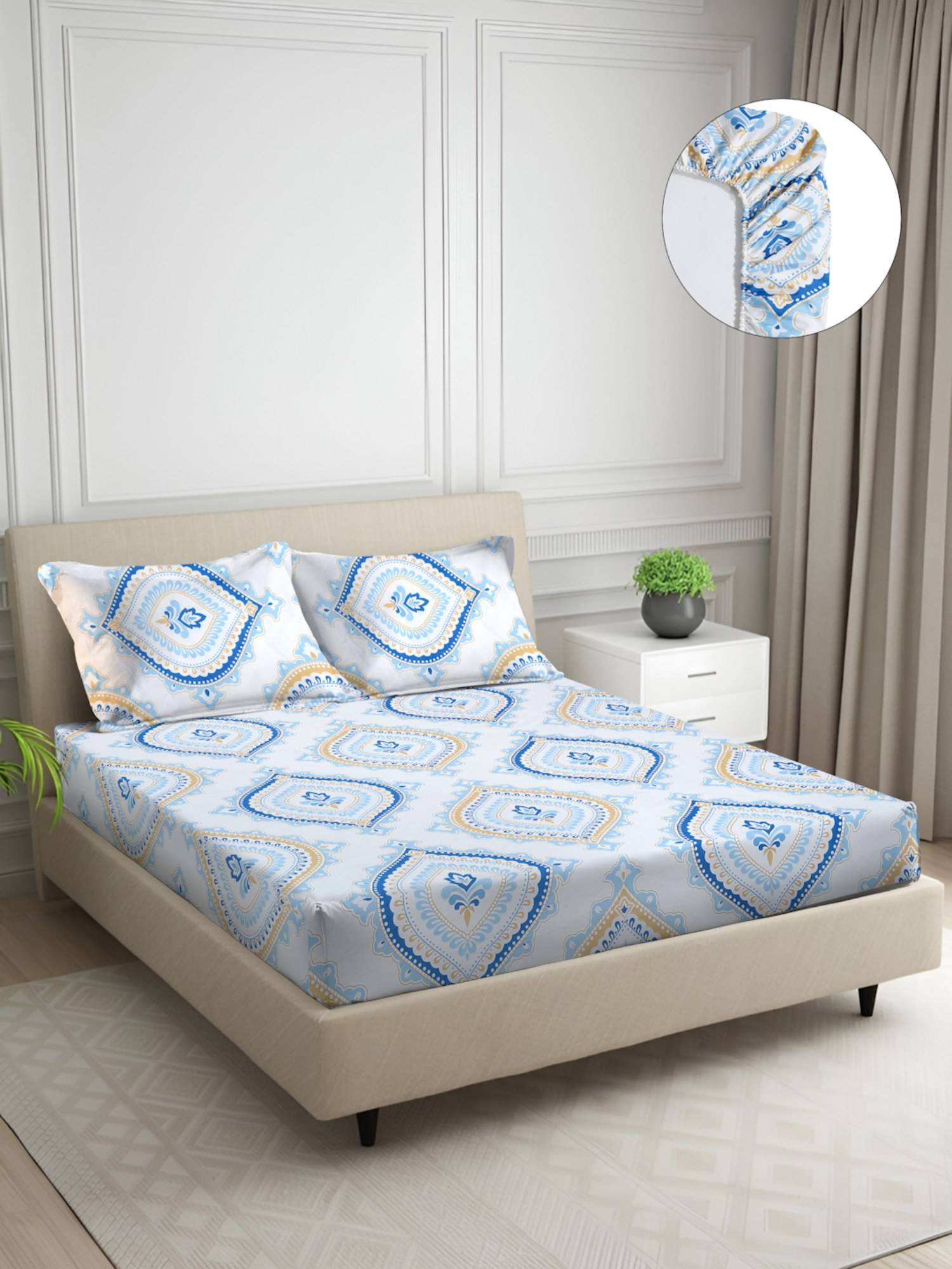 Signature Blue Ethnic Super Soft Glace Cotton Fitted Bedsheet with 2 Pillow Covers (Double)
