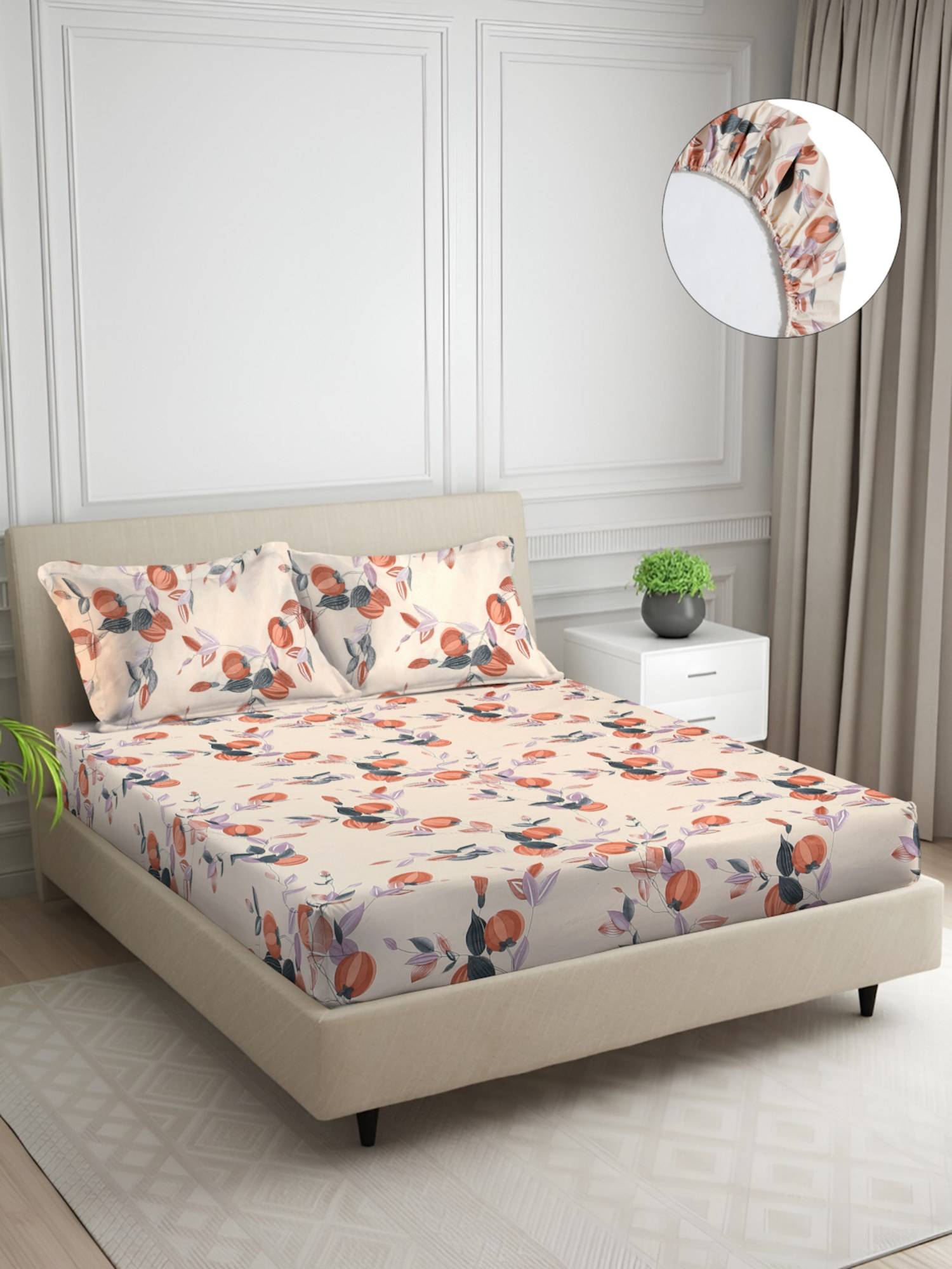 Signature Beige Floral Super Soft Glace Cotton Fitted Bedsheet with 2 Pillow Covers (Double)