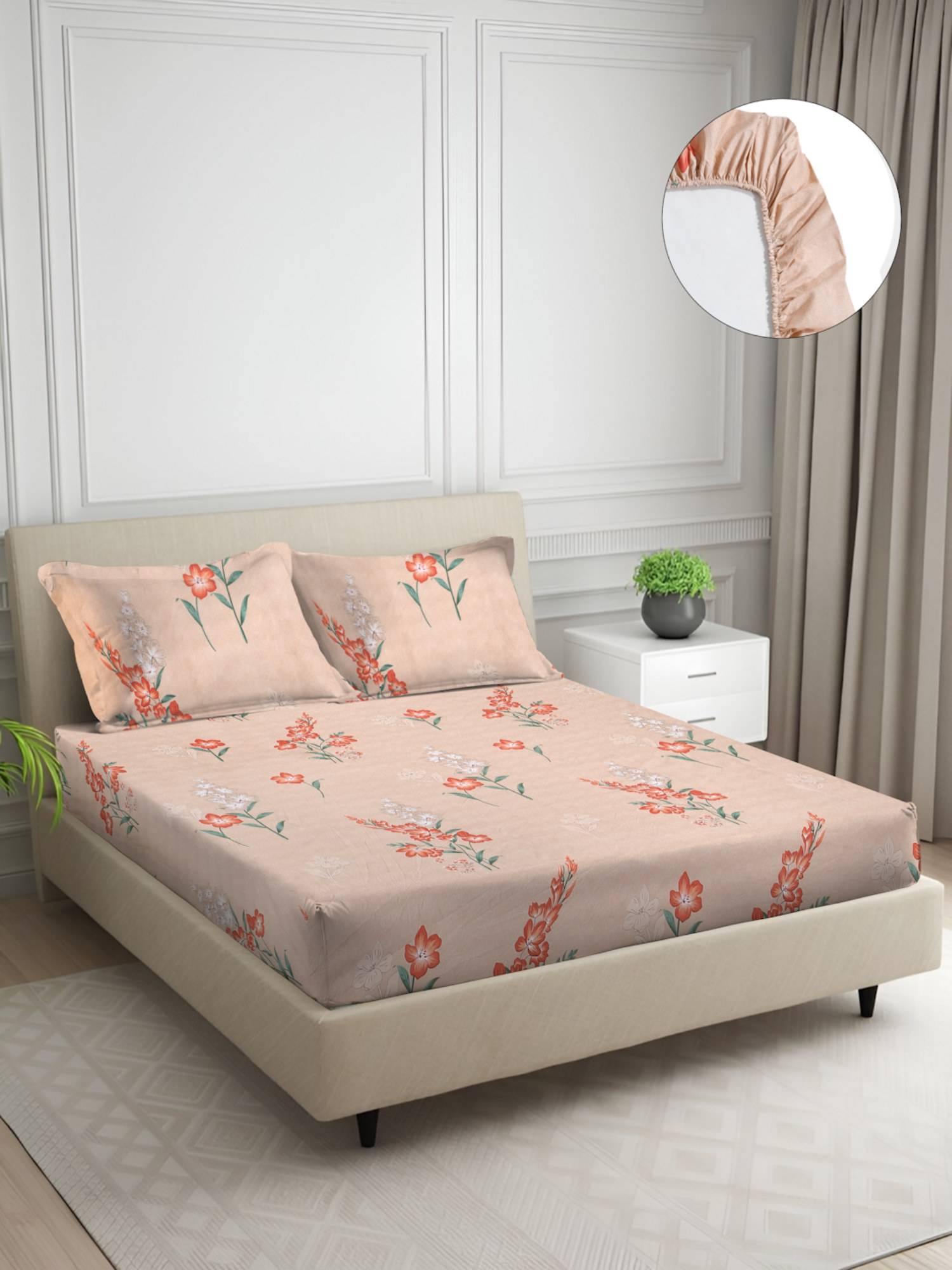 Signature Peach Floral Super Soft Glace Cotton Fitted Bedsheet with 2 Pillow Covers (Double)