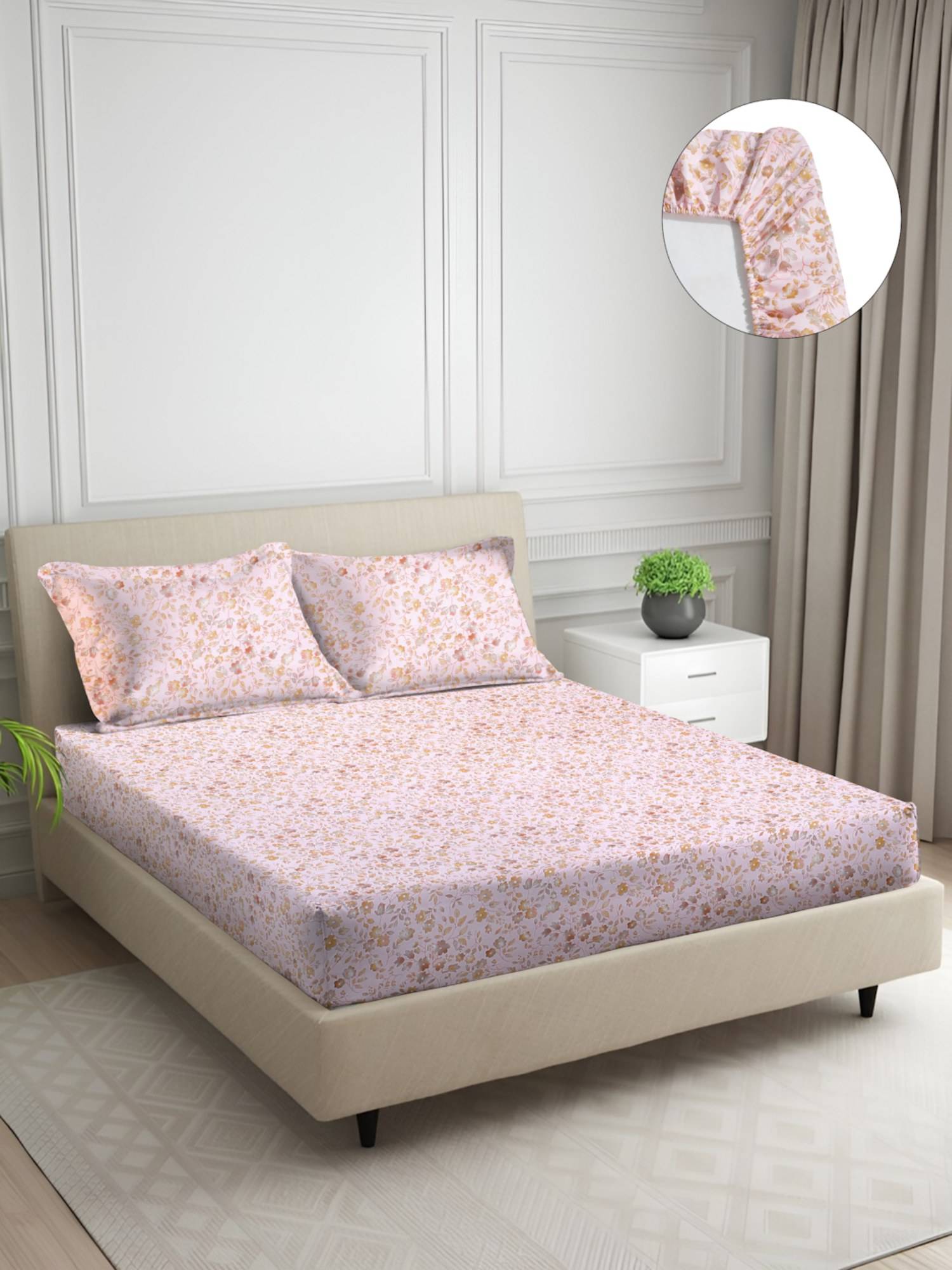 Signature Pink Floral Super Soft Glace Cotton Fitted Bedsheet with 2 Pillow Covers (Double)