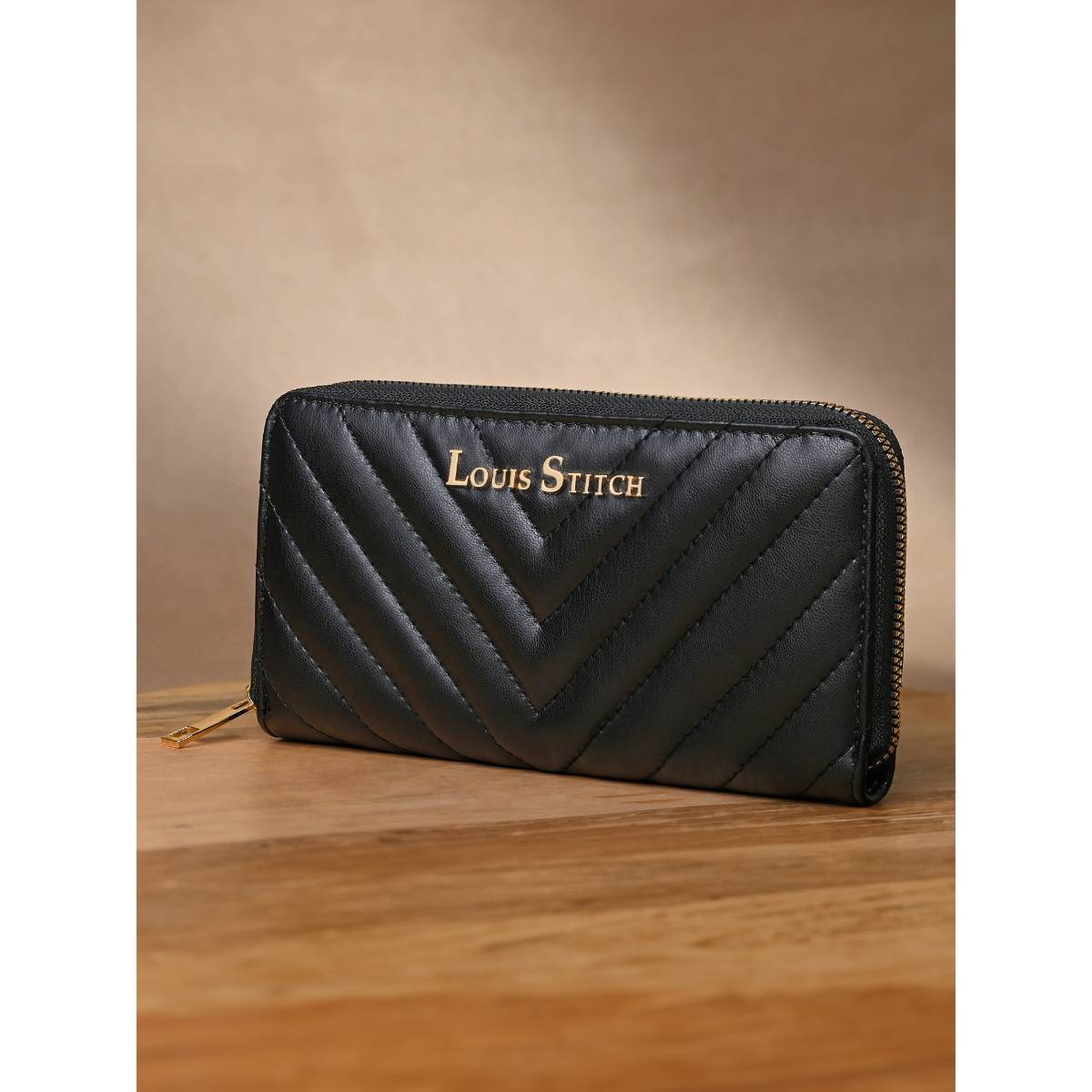 Louis Stitch Stylish Black Wallet for Women with Zipper Closure