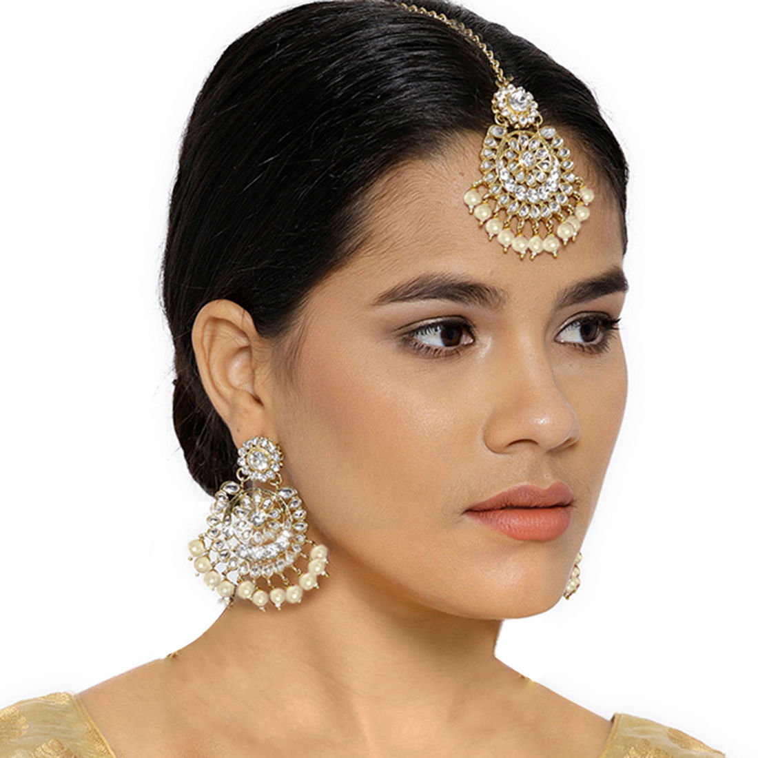 Peora Traditional Gold Plated White Earring Maang Tikka Jewellery Set