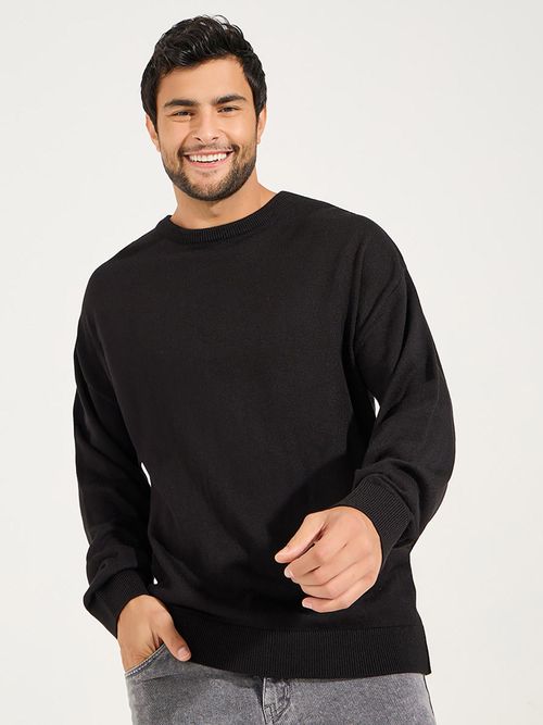Styli Men Black Relaxed Fit Crew Neck Sweater