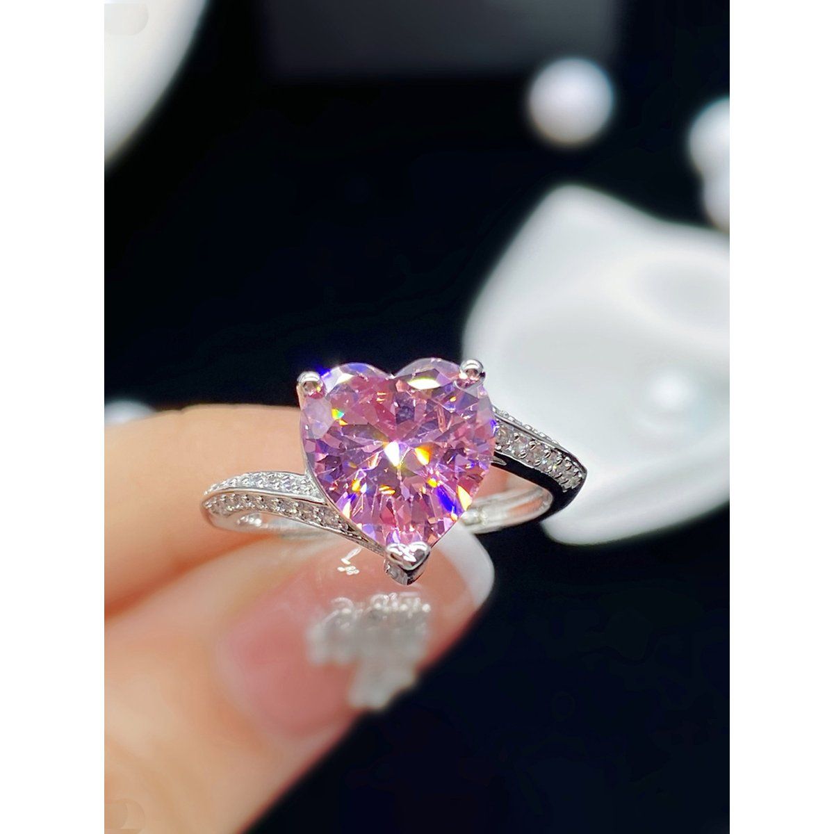 Designs & You Silver Plated American Diamond Crushed Ice Cut Pink Heart Shape Finger Ring