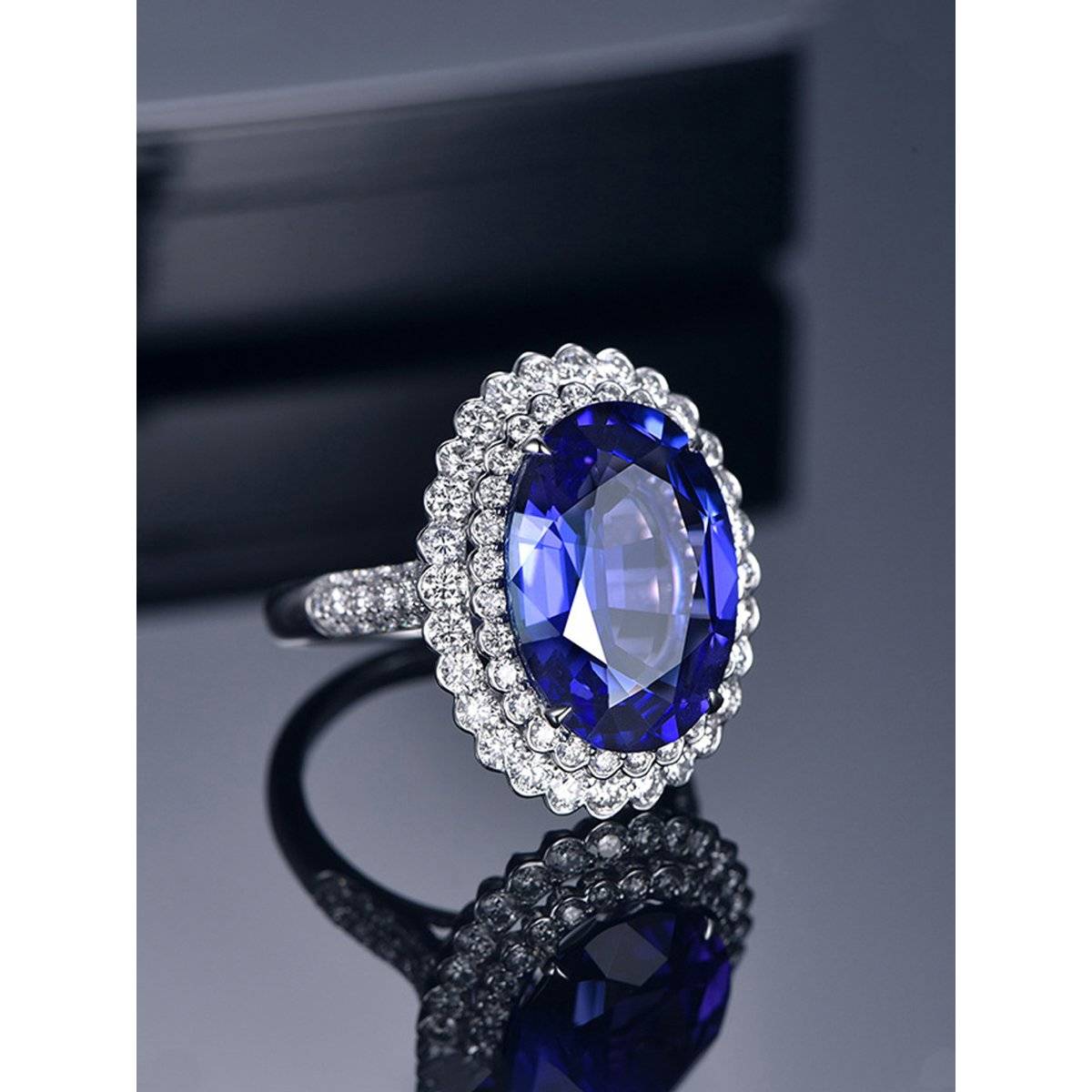 Designs & You Silver Plated American Diamond Crushed Ice Cut Navy Blue Oval Finger Ring