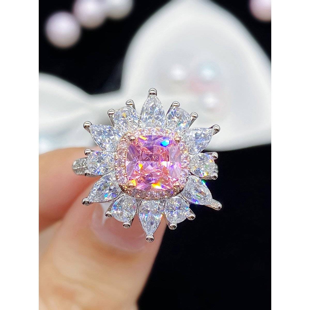 Designs & You Silver Plated American Diamond Crushed Ice Cut Pink Floral Cocktail Finger Ring