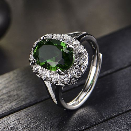 Designs You Silver Plated American Diamond Crushed Ice Cut Green Oval  Finger Ring