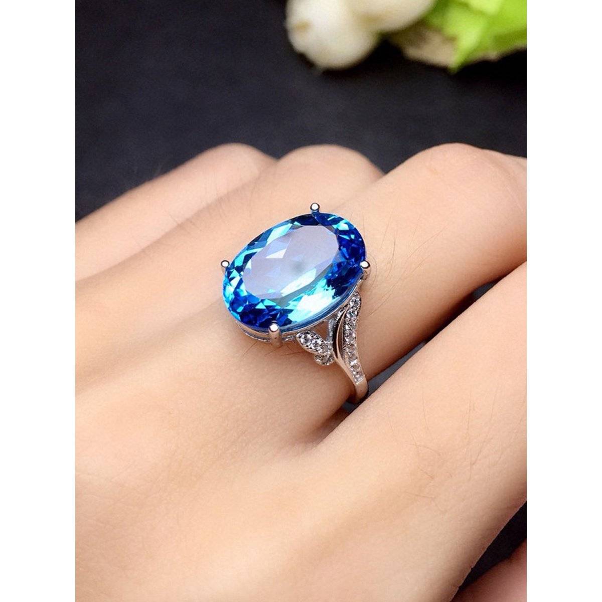 Designs & You Silver Plated American Diamond Crushed Ice Cut Blue Oval Finger Ring