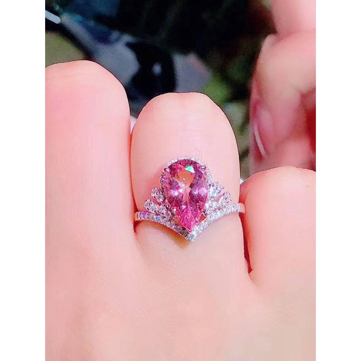 Designs & You Silver Plated American Diamond Crushed Ice Cut Pink Teardrop Style Finger Ring