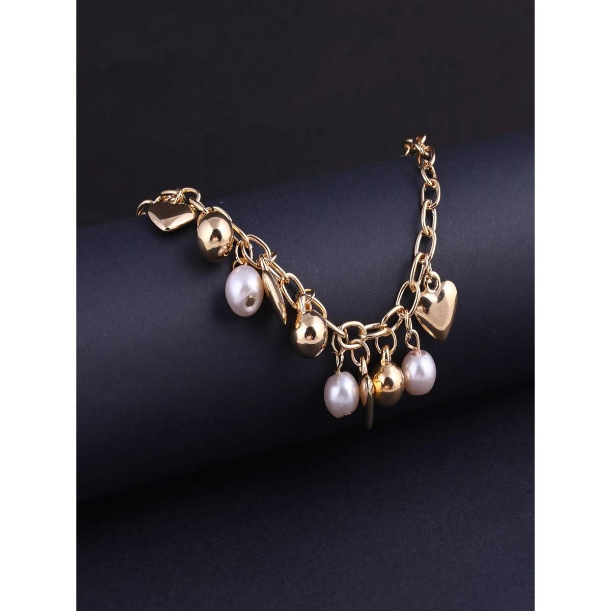 Jewelz Gold Plated Anti Tarnish Pearl Studded Charm Bracelet