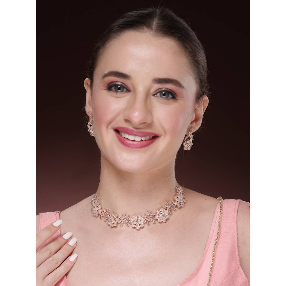 NVR Womens Rose Gold-Plated American Diamond-Studded Handcrafted Jewellery Set