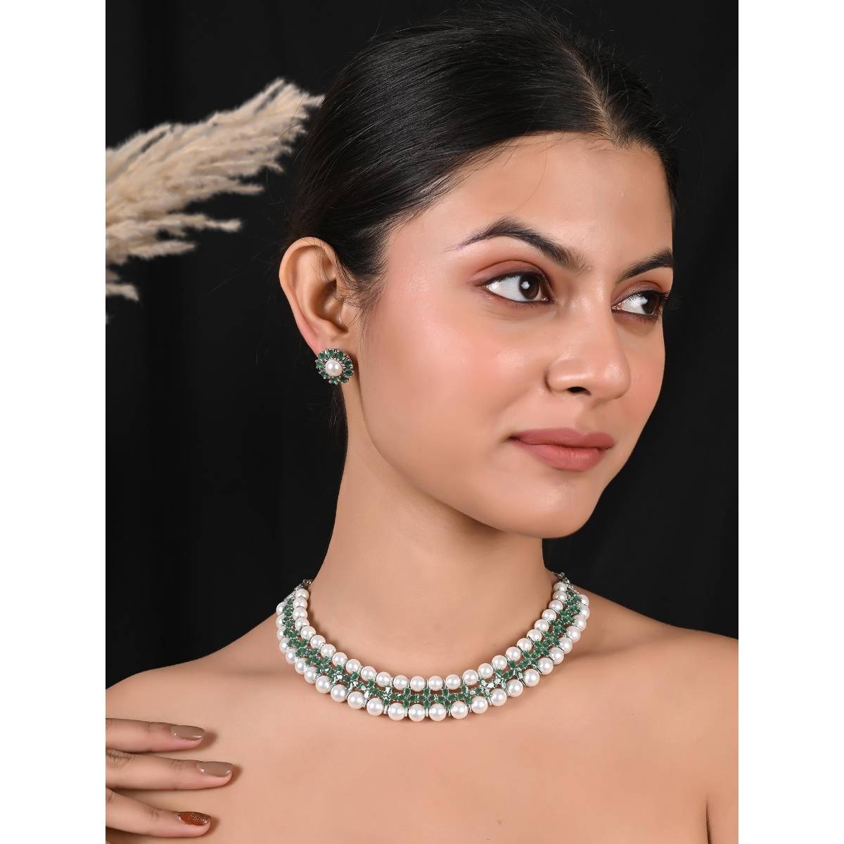 Ratnavali Jewels Silver Plated White Pearl Green Cz Mix Jewellery Set