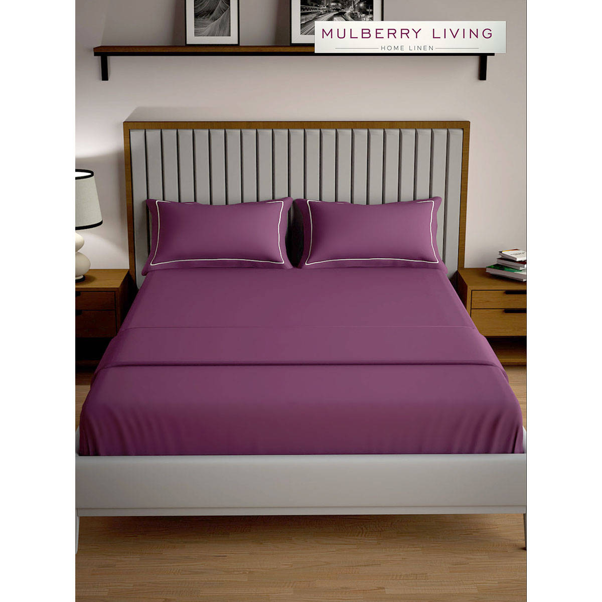 MULBERRY LIVING Serenity Solid Queen Size 250TC Bedsheet with 2 Pillow Covers - Purple