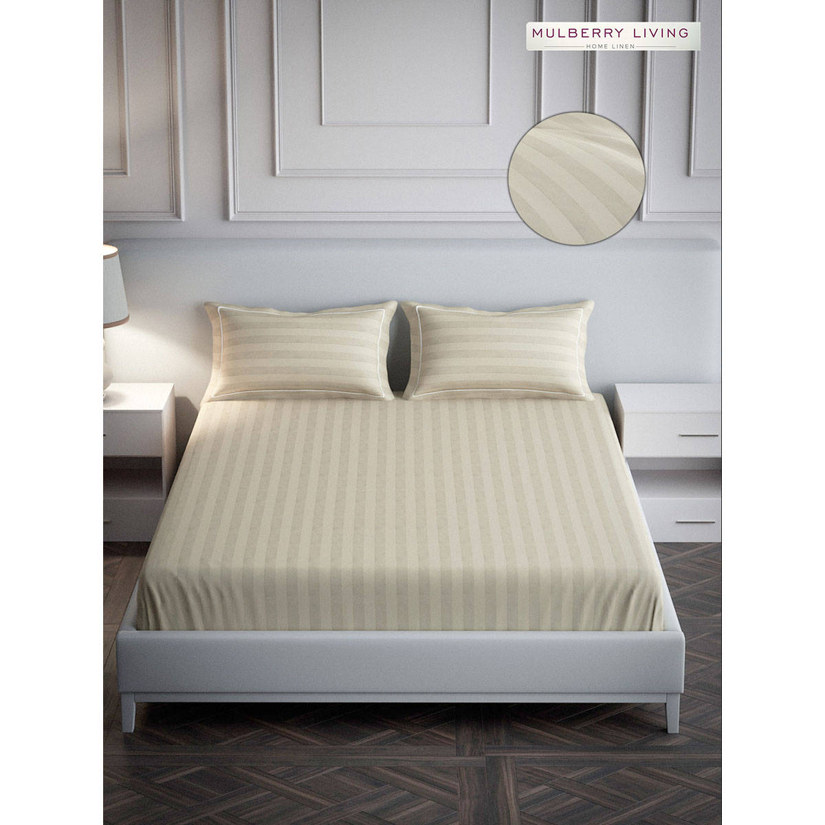 MULBERRY LIVING Elysian Stripe Queen Size 300TC Bedsheet with 2 Pillow Covers - Beige
