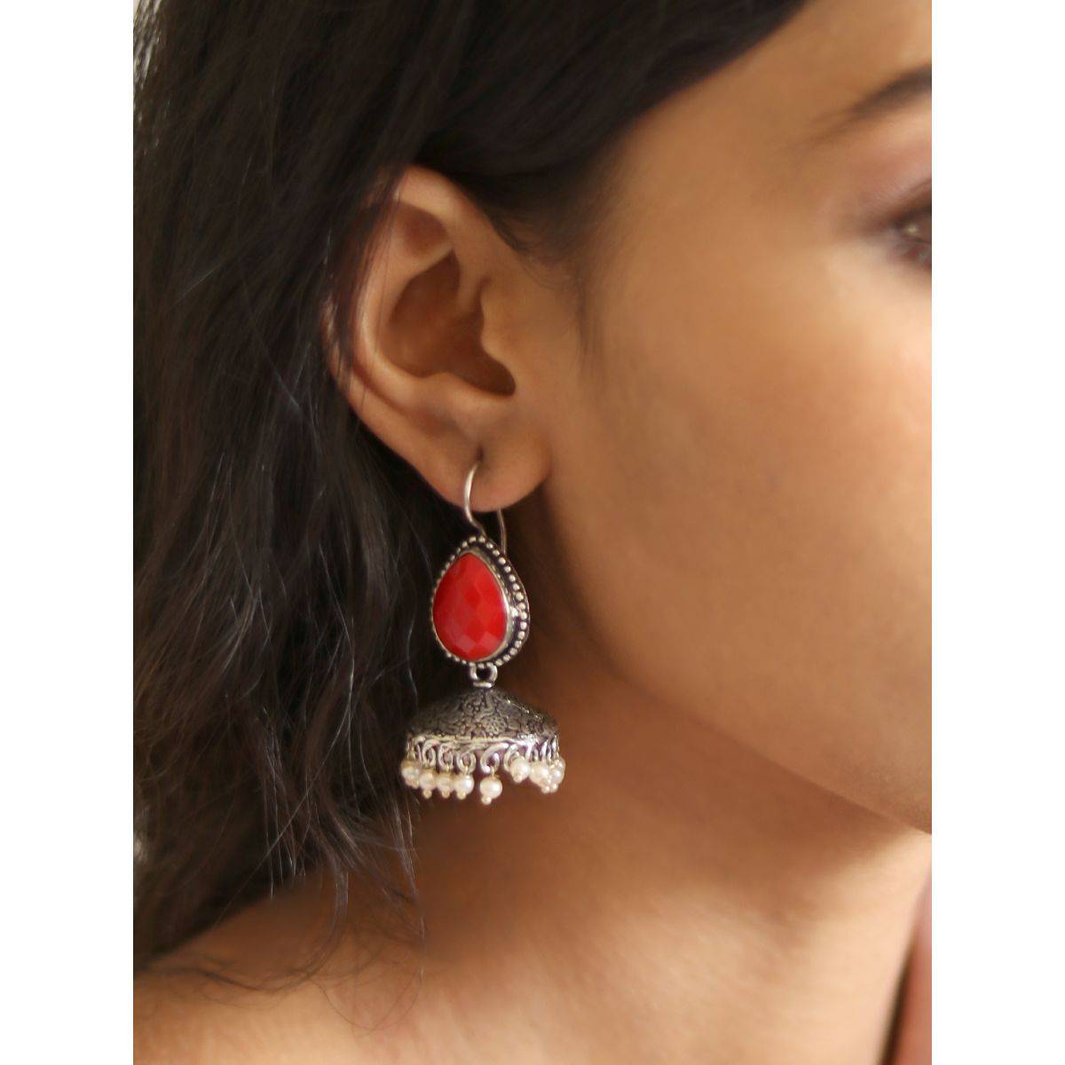Teejh by Joker and Witch Sahasra Red Stone Silver Oxidised Earrings for Women