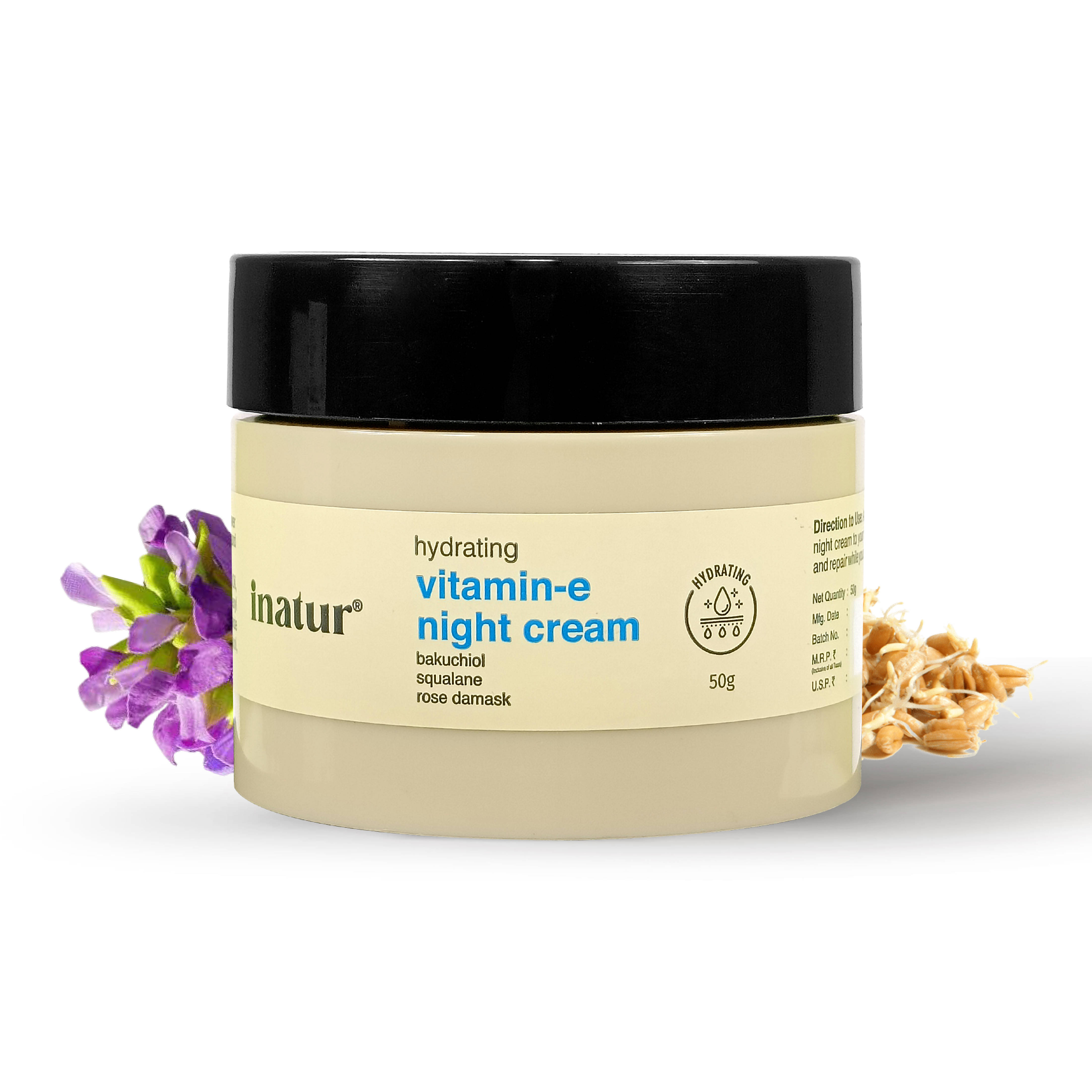inatur Vitamin-E Night Cream, with Bakuchiol & Squalane, Anti-Aging & Deep Hydration