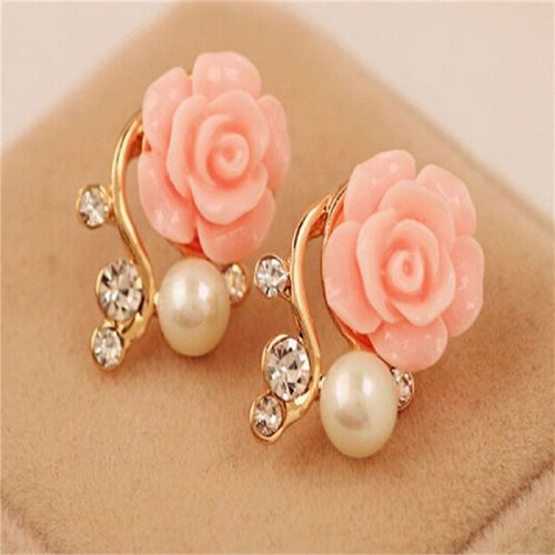 OOMPH Jewellery Gold Plated Pink Floral Rose Ear Stud Fashion Earrings For  Women Girls