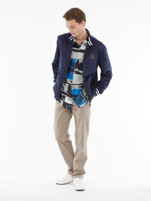 Guess Men Navy Blue Solid Hight Neck Full Sleeves Bomber Jacket