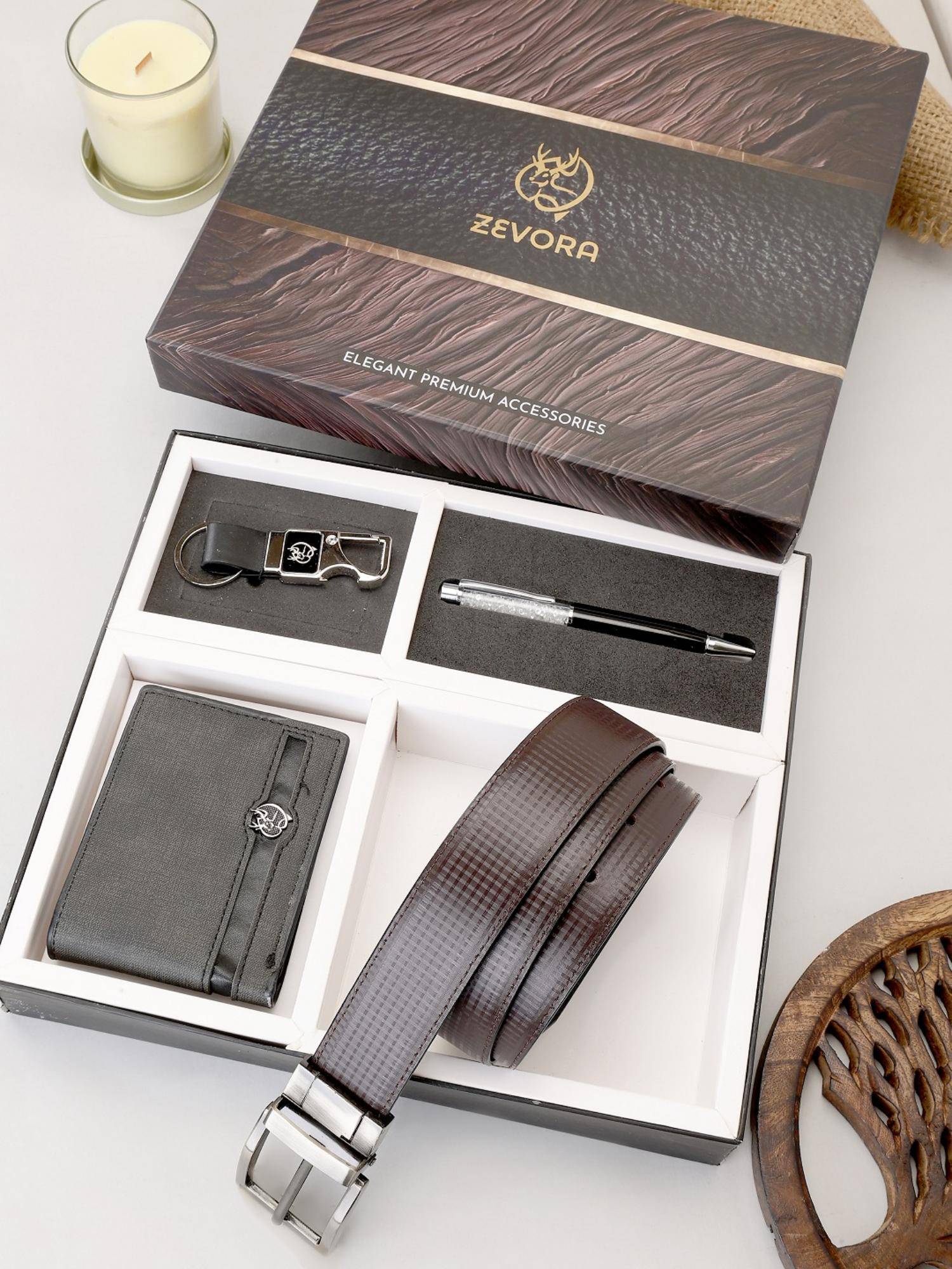 Zevora Buy ZEVORA Men Reversible Brown Belt with Wallet, Pen & Keychain Online
