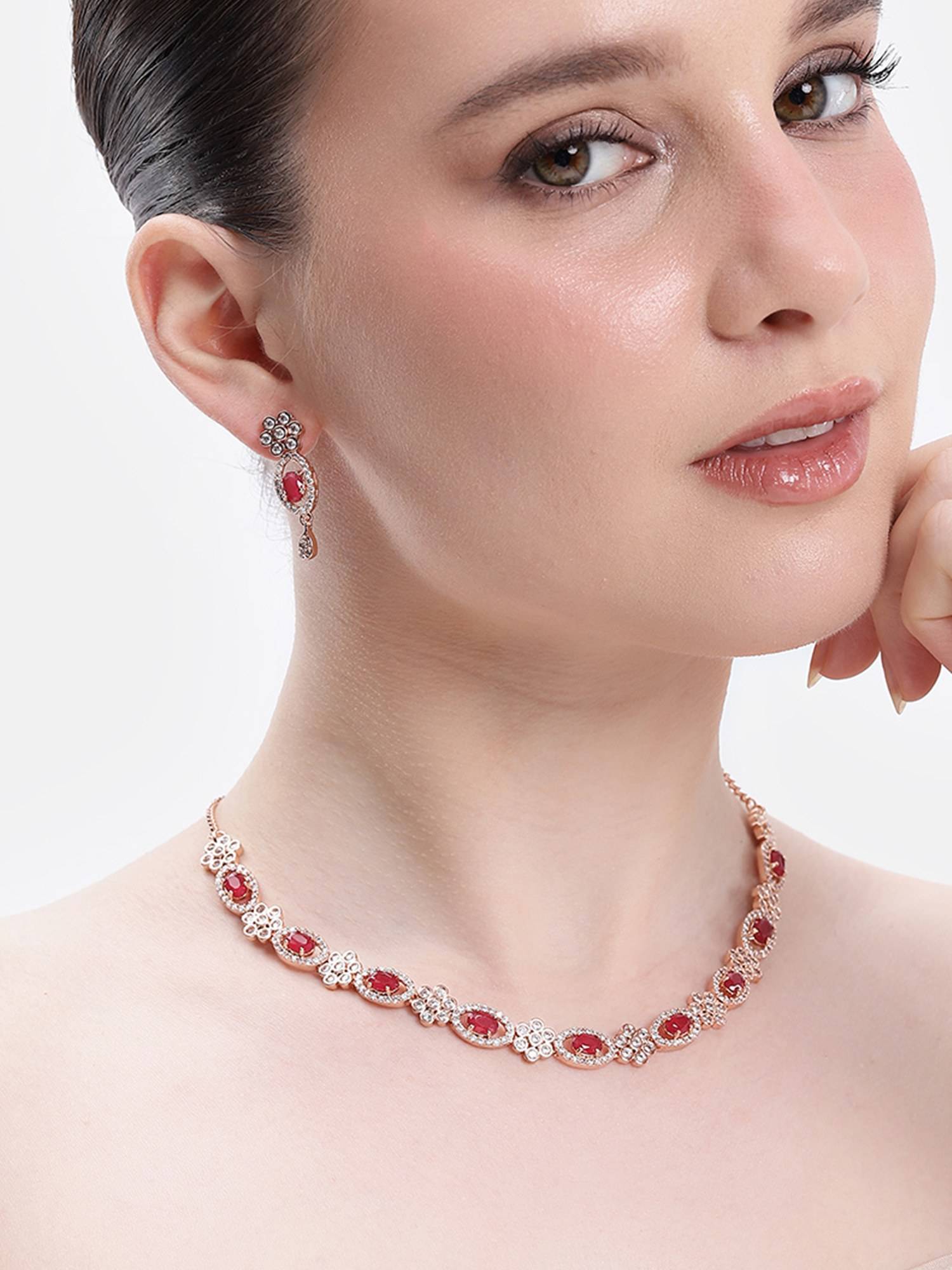 Estele Women Red Brass Rose Gold Jewellry Set