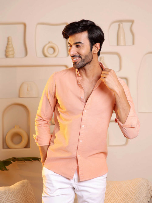 Buy Subtract Men Light Orange Slim Fit Solid Yarn Dyed Casual