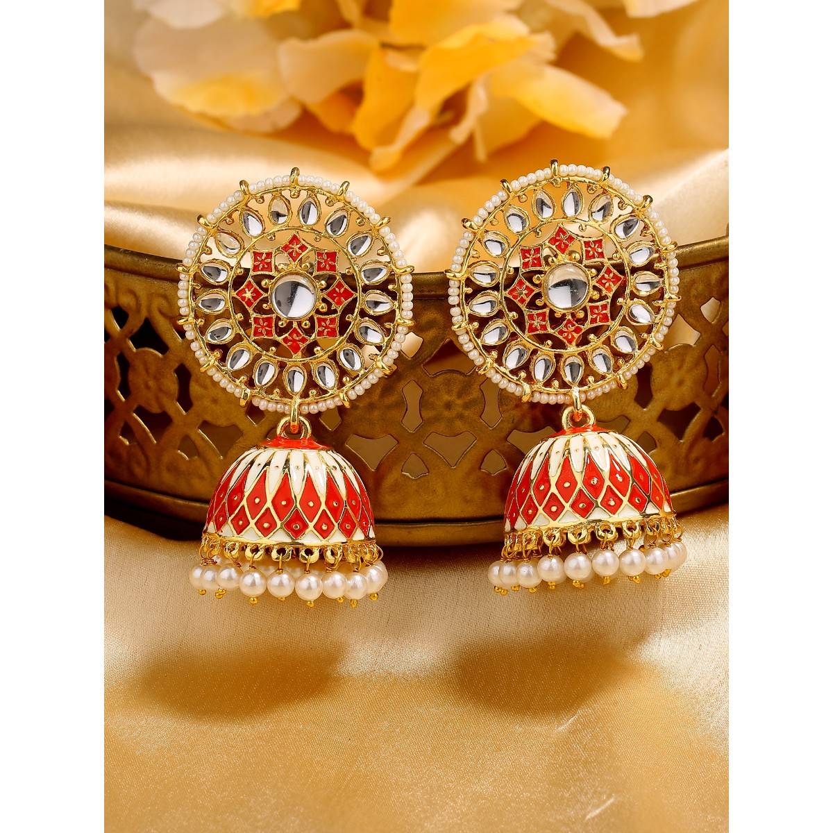 Estele Gold Plated Red Meenakari Traditional Kundan Jhumki Earrings for Women
