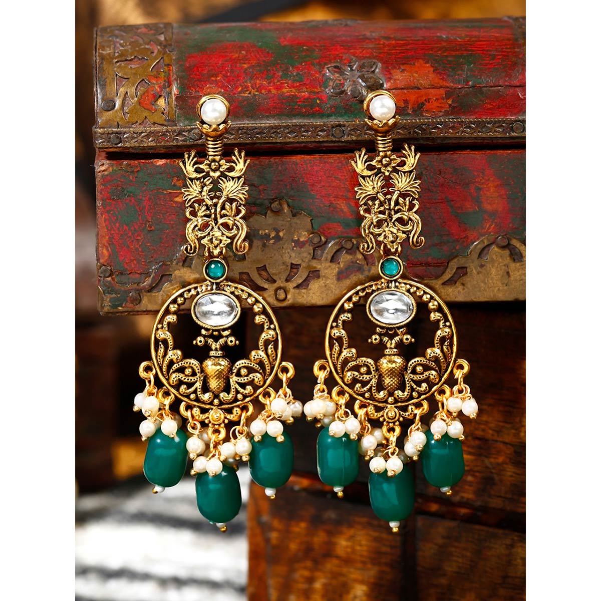 Yellow Chimes Oxidised Gold Pearl Crystal Studded Green White Beads ...